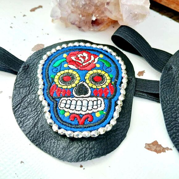 Sugar Skull Embroidered Beaded Eye Patch, Adjustable Vision Accessory Ocular Aid - Picture 6 of 6